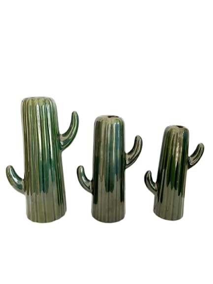 VIBHSA Set of 3 Ceramic Cactus Design Vase [Green]