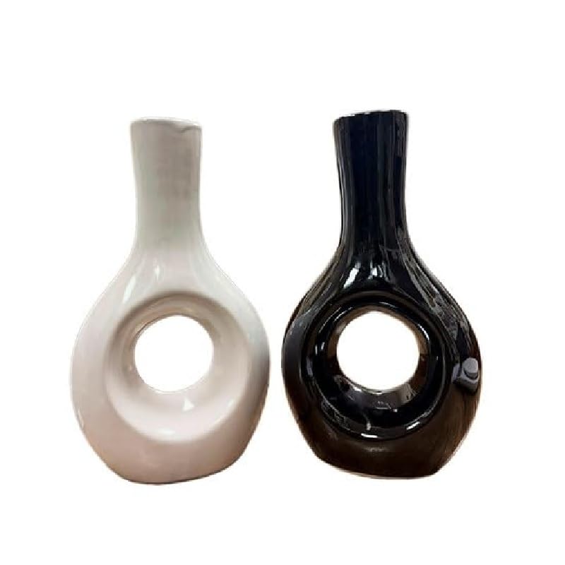 VIBHSA Modern Ceramic Donut Ring Vase, Set of 2, Black & White