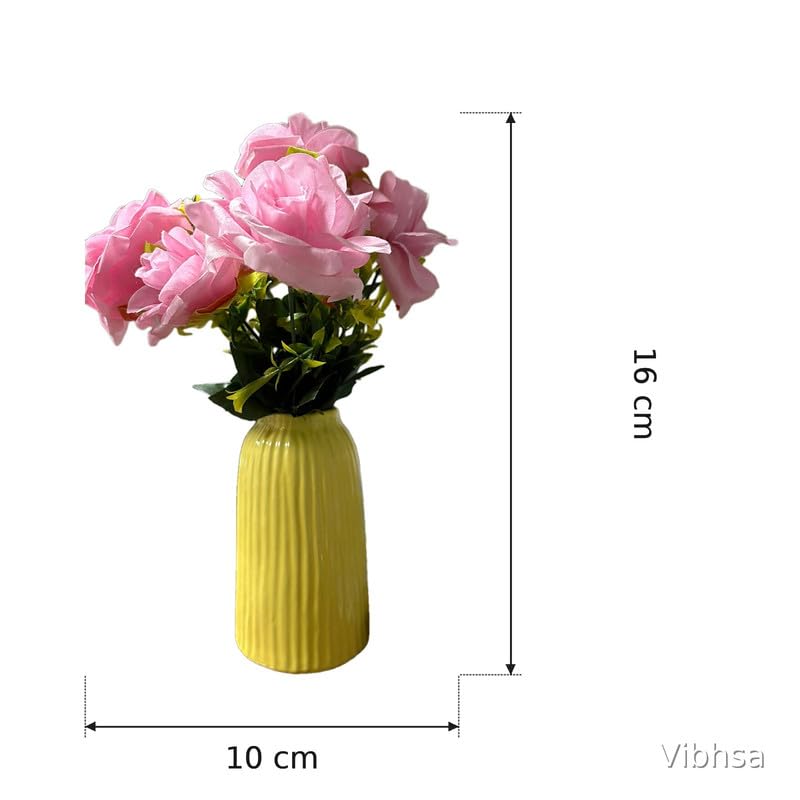 VIBHSA Yellow Ceramic Flower Vase for Home Decor, Modern Ribbed Decorative Vase