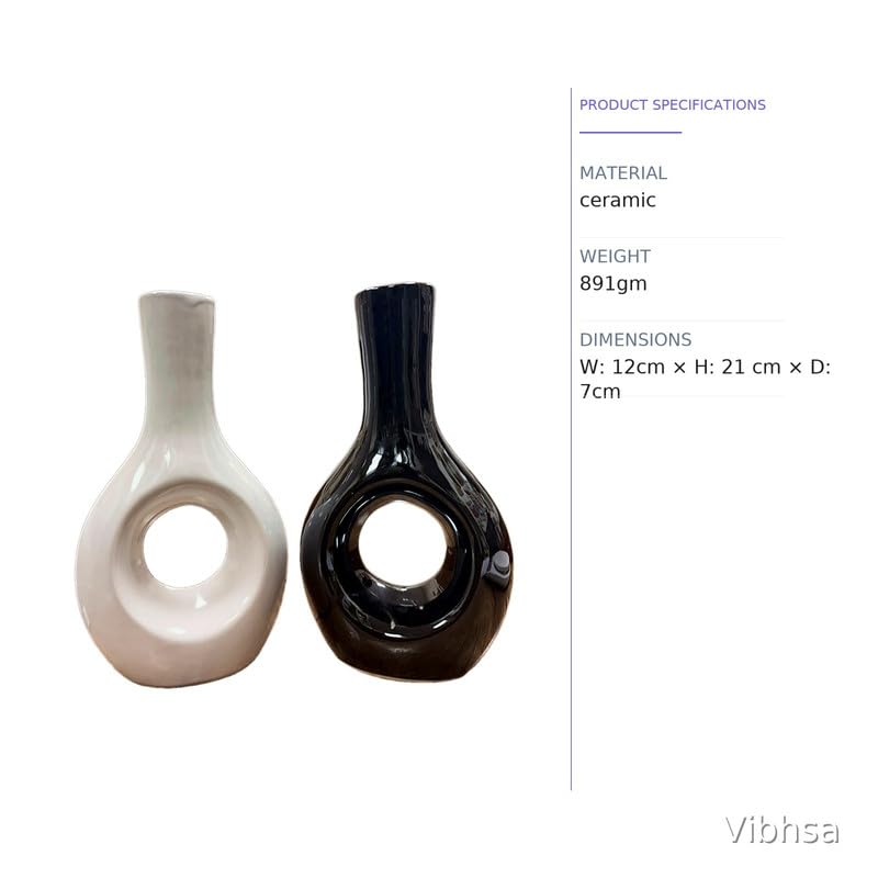 VIBHSA Modern Ceramic Donut Ring Vase, Set of 2, Black & White