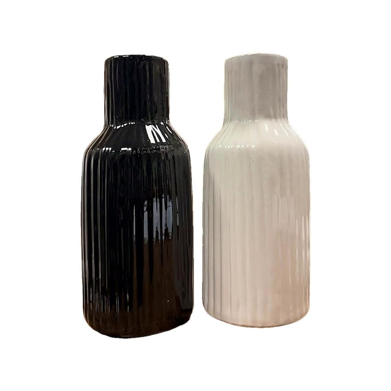 VIBHSA Ceramic Flower Vase Set of 2, Black & White Ribbed Decorative Vases for Home Decor