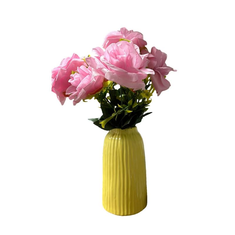 VIBHSA Yellow Ceramic Flower Vase for Home Decor, Modern Ribbed Decorative Vase