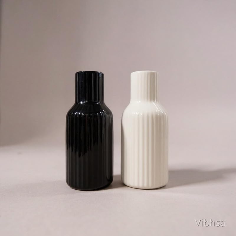 VIBHSA Ceramic Flower Vase Set of 2, Black & White Ribbed Decorative Vases for Home Decor