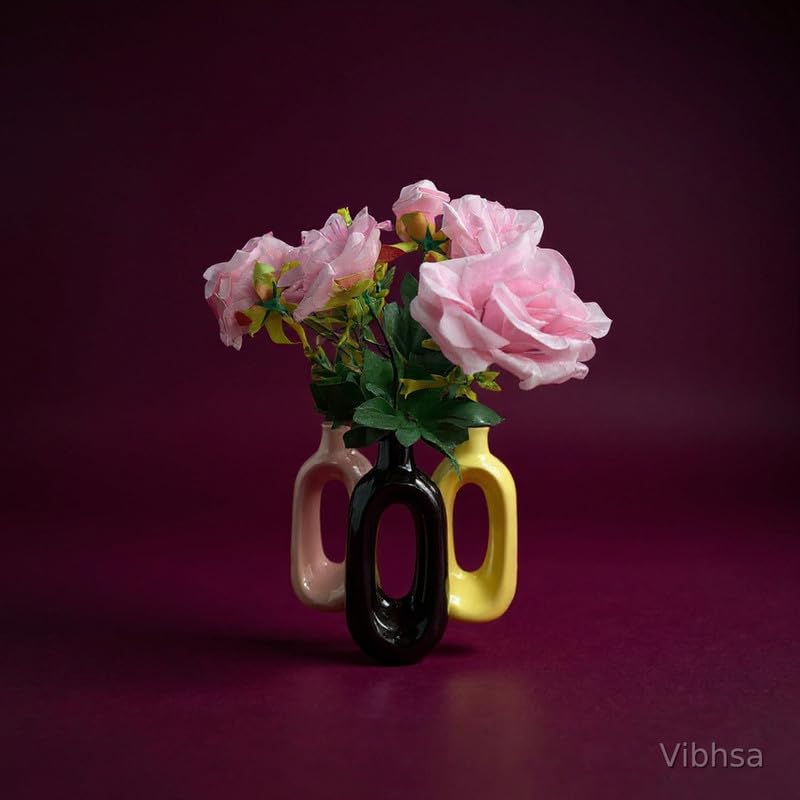 VIBHSA Modern Ceramic Hollow Vase Set of 3 – Black, Pink & Yellow