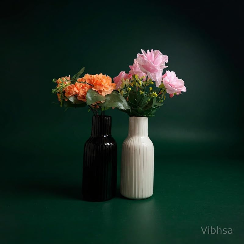 VIBHSA Ceramic Flower Vase Set of 2, Black & White Ribbed Decorative Vases for Home Decor
