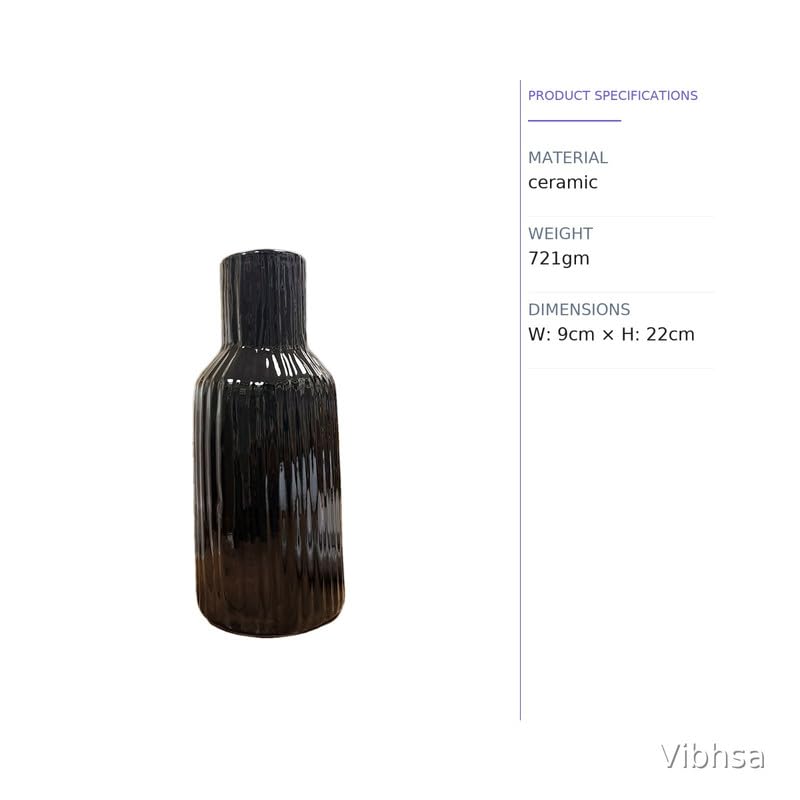 VIBHSA Black Ceramic Flower Vase for Home Decor, Elegant Ribbed Decorative Vase for Living Room