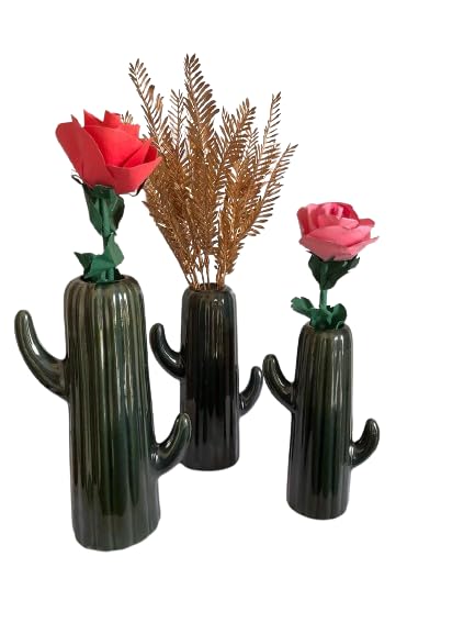 VIBHSA Set of 3 Ceramic Cactus Design Vase [Green]