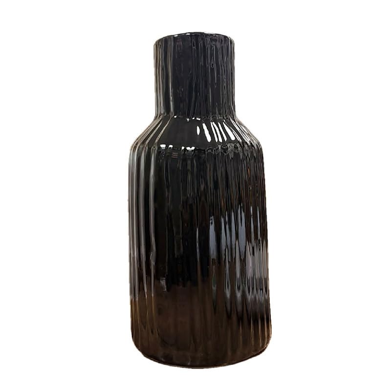 VIBHSA Black Ceramic Flower Vase for Home Decor, Elegant Ribbed Decorative Vase for Living Room