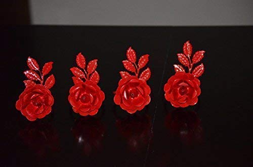VIBHSA Napkin Holder Table Napkin Rings for Parties Wedding Everyday Dinner Decor Flower Napkin Rings Set of 4 (Red Rose)