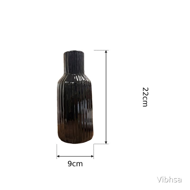 VIBHSA Black Ceramic Flower Vase for Home Decor, Elegant Ribbed Decorative Vase for Living Room