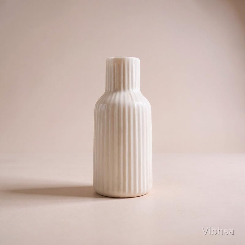 VIBHSA White Ceramic Flower Vase for Home Decor, Elegant Ribbed Decorative Vase for Living Room