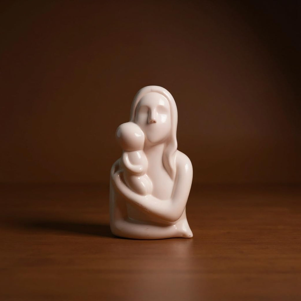 VIBHSA Mother and Child Ceramic Figurine, White Glossy Sculpture
