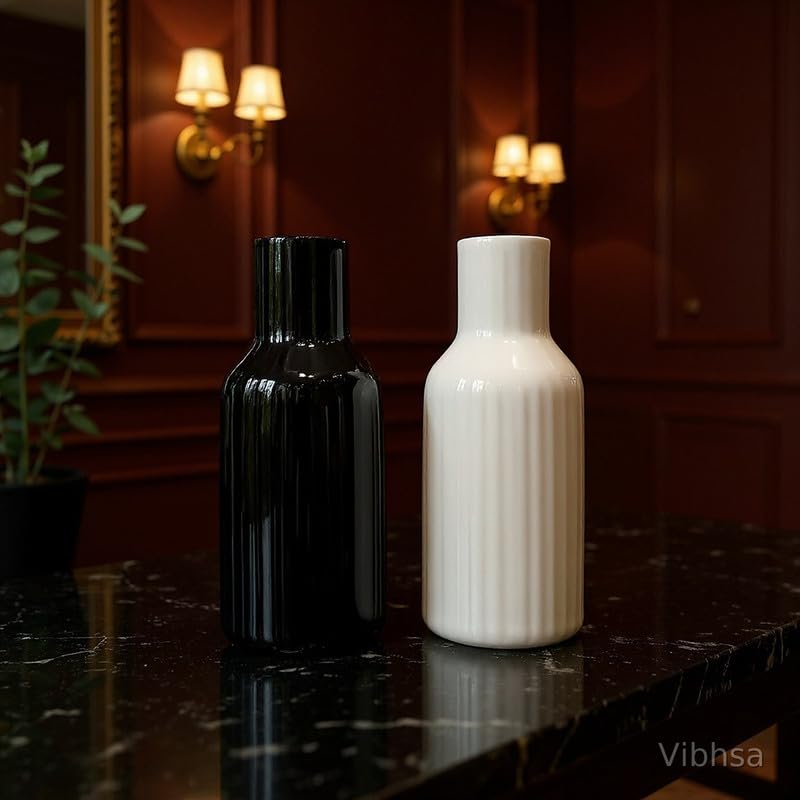 VIBHSA Ceramic Flower Vase Set of 2, Black & White Ribbed Decorative Vases for Home Decor