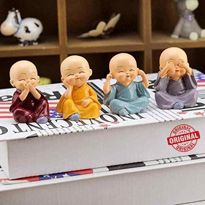 VIBHSA Set of 4 Miniature Buddha Monk Statues for Home Decor and Gifts (Small, Multicolour) Resin