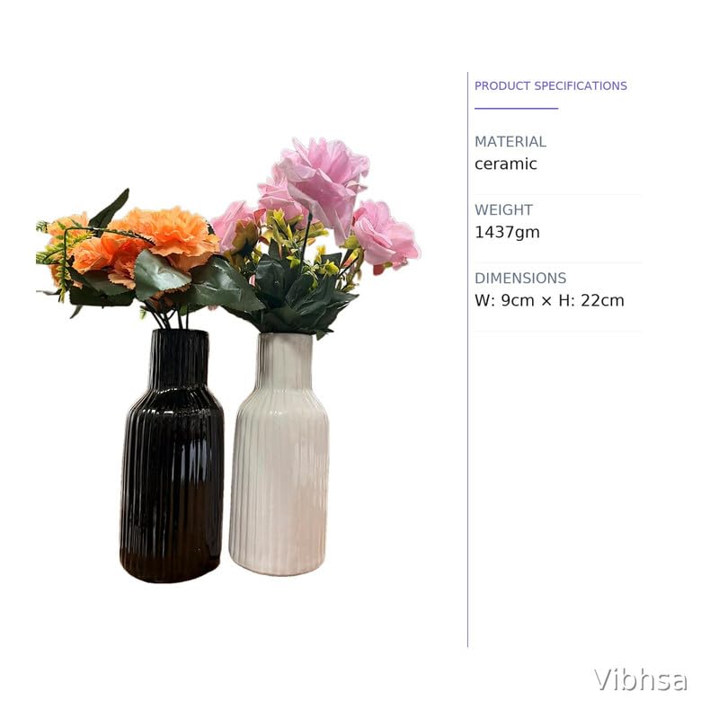 VIBHSA Ceramic Flower Vase Set of 2, Black & White Ribbed Decorative Vases for Home Decor