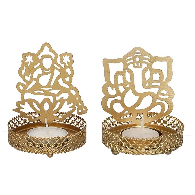 VIBHSA Set of 2 Golden Metal Lord Ganesha and Goddess Lakshmi Shadow Tea Light Holders - Ideal for Festive Home Decor and Sacred Gifts for Family and Friends - Perfect for Diwali