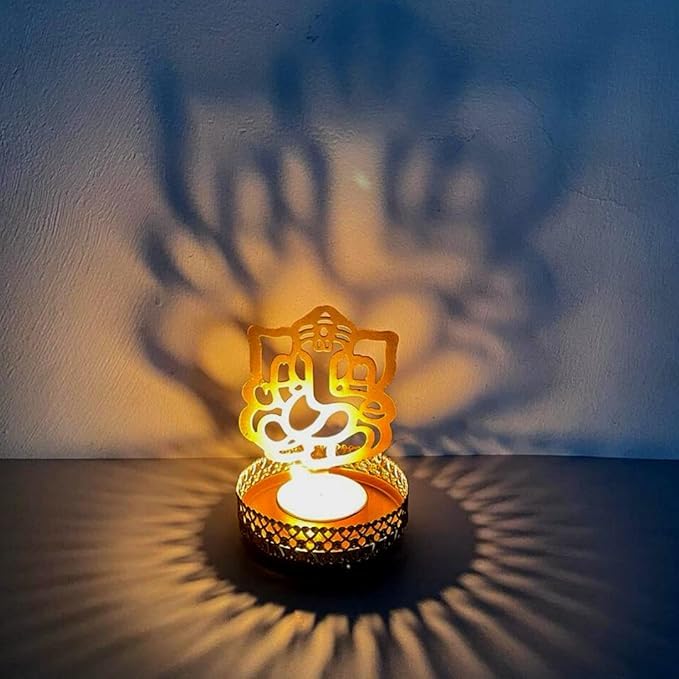 VIBHSA Golden Shadow Metal Tea Light Holder Diya with Tealight (8x8x11 cm)