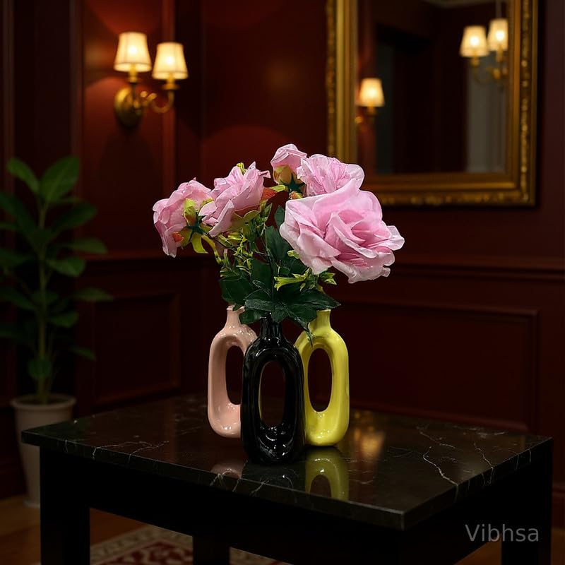 VIBHSA Modern Ceramic Hollow Vase Set of 3 – Black, Pink & Yellow