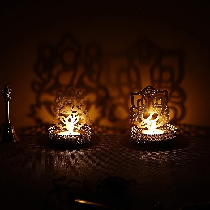 VIBHSA Set of 2 Golden Metal Lord Ganesha and Goddess Lakshmi Shadow Tea Light Holders - Ideal for Festive Home Decor and Sacred Gifts for Family and Friends - Perfect for Diwali