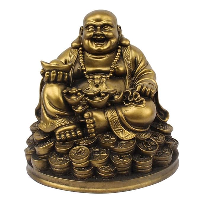 VIBHSA Resin Fengshui Figurine Laughing Buddha Sitting on Luck Money Coins Carrying Golden Ingot for Good Luck & Happiness – Made in India