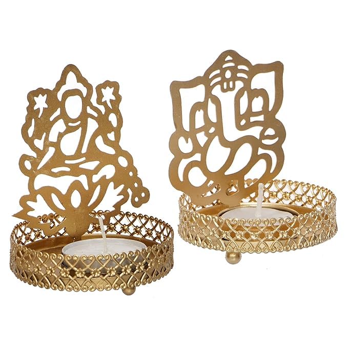 VIBHSA Set of 2 Golden Metal Lord Ganesha and Goddess Lakshmi Shadow Tea Light Holders - Ideal for Festive Home Decor and Sacred Gifts for Family and Friends - Perfect for Diwali