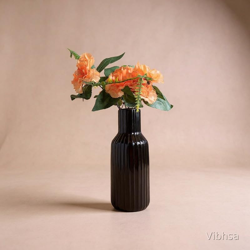VIBHSA Black Ceramic Flower Vase for Home Decor, Elegant Ribbed Decorative Vase for Living Room
