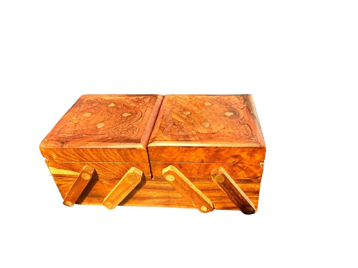 VIBHSA Handmade Wooden Jewellery Box for Women Jewel Organizer Hand Carved with Full Brass Gift Items