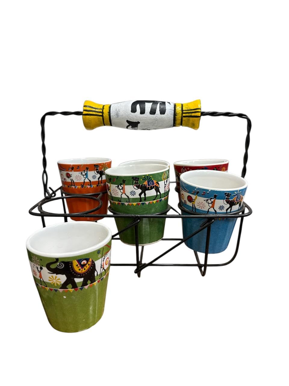VIBHSA Handpainted Multicolour Tapri Style Ceramic Cutting Chai Glasses with Stand