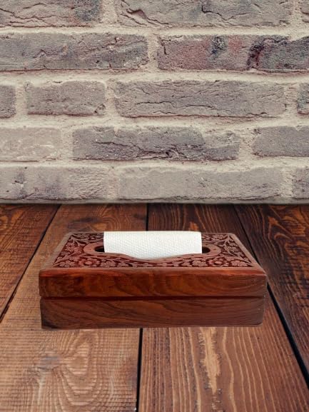 VIBHSA Wooden Tissue Box Holder Cover with Velvet Interior 8x5 inch Tissue Holder for Dinning Table Tissue Box Holder Tissue Paper Holder for Facial Napkins Tissue Box for Car(Carving Brass)