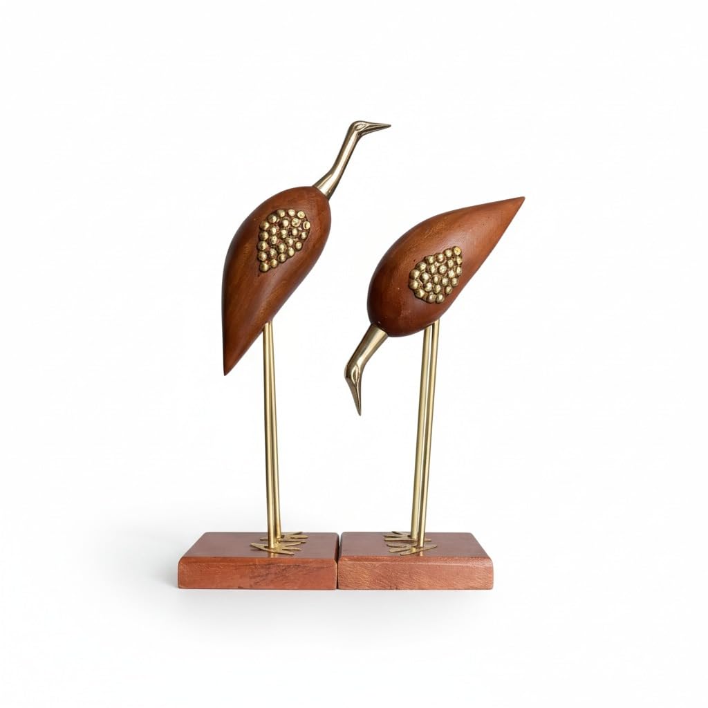 VIBHSA Wooden & Brass Saras Swan Crane Love Birds Showpiece