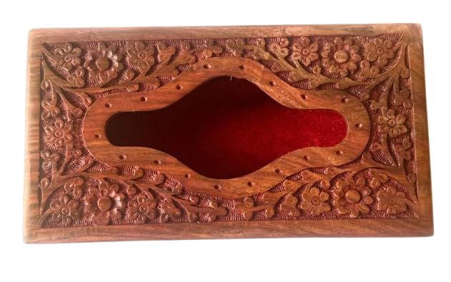 VIBHSA Wooden Tissue Box Holder Cover with Velvet Interior 8x5 inch Tissue Holder for Dinning Table Tissue Box Holder Tissue Paper Holder for Facial Napkins Tissue Box for Car(Carving Brass)