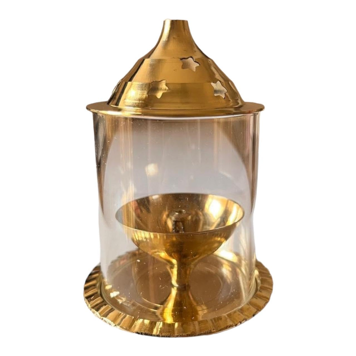 VIBHSA Brass Akhand Diya with Glass, Cotton Wick & Brass Cleaning Powder(5 Inches)