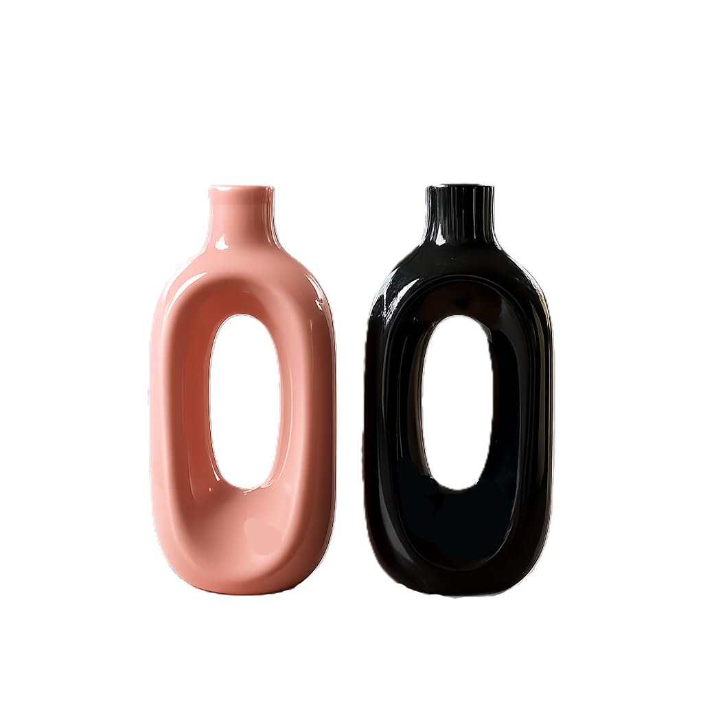 VIBHSA Modern Ceramic Hollow Vase Set of 2 – Pink & Black
