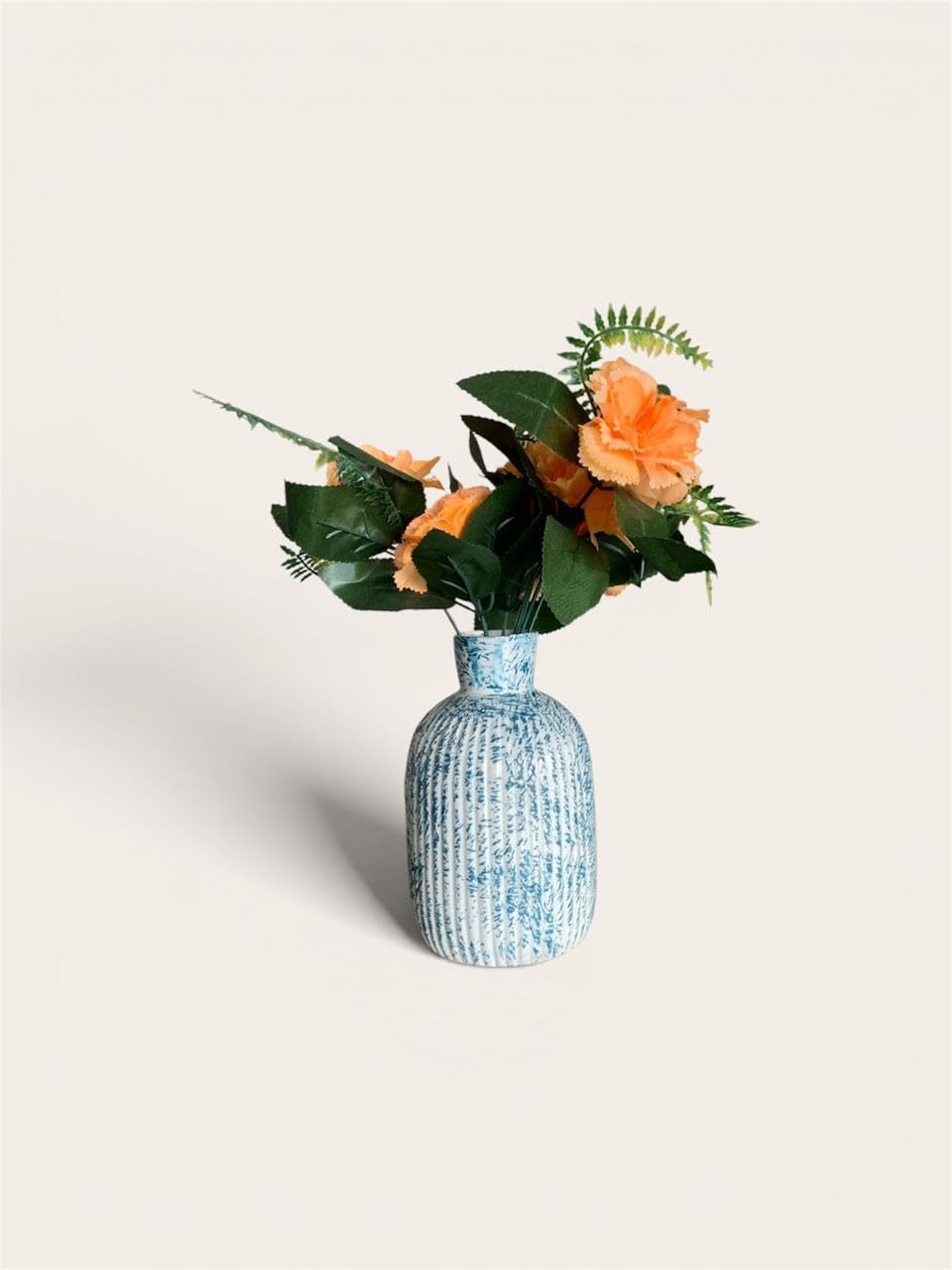 VIBHSA Decorative Ceramic Flower Vase for Home Decor, Blue White Ribbed Textured Vase