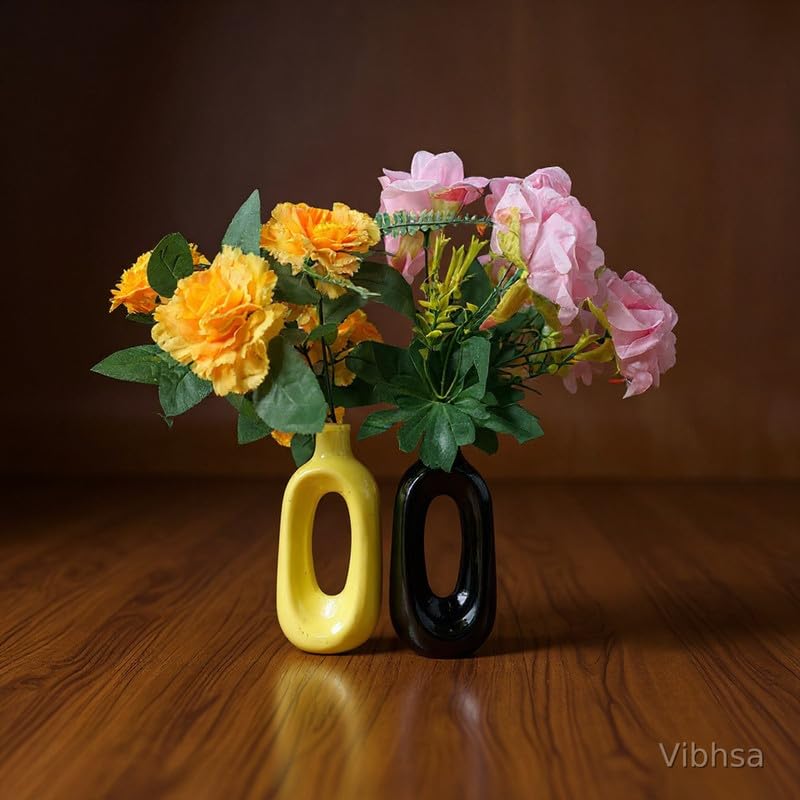 VIBHSA Modern Ceramic Hollow Vase Set of 2 – Yellow & Black