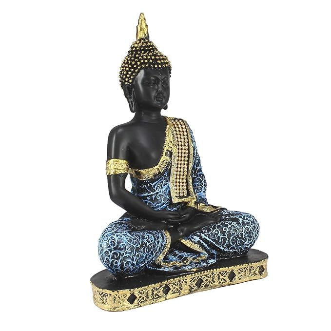 VIBHSA Decorative Buddha Statue, Black and Blue with Gold Accents, Meditation Pose, Home Decor