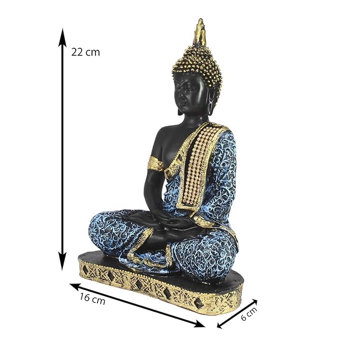 VIBHSA Decorative Buddha Statue, Black and Blue with Gold Accents, Meditation Pose, Home Decor