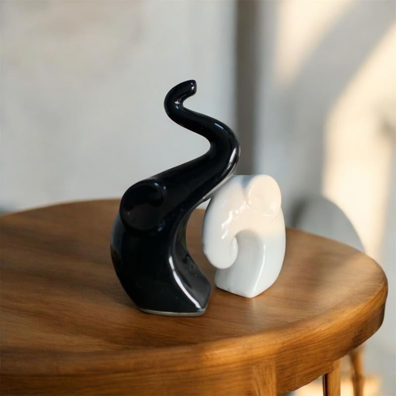 VIBHSA Modern Black & White Elephant Couple Showpiece ? Abstract Love Elephant Statue Set for Home Decor