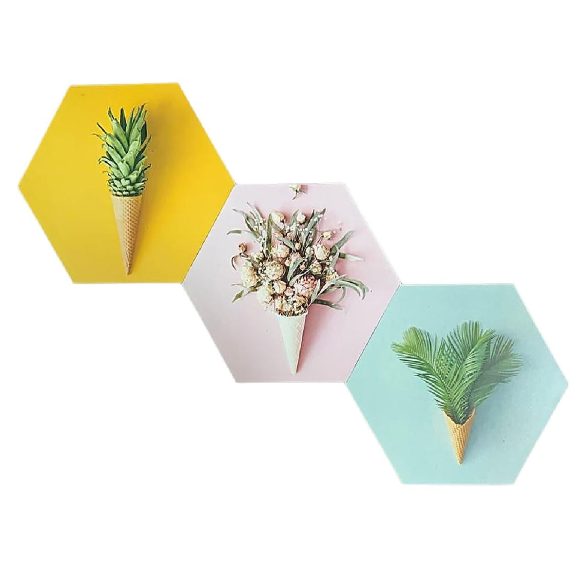 VIBHSA 3 Piece Hexagon Wall Art with Artificial Plant Design