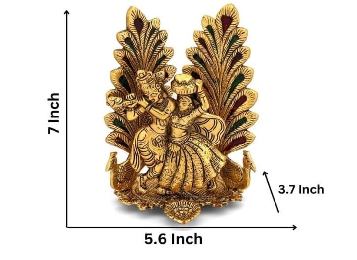 VIBHSA Radha Krishna Statue Showpiece with Diya, 8x6 Inches, Metal, Gold, 1 Piece