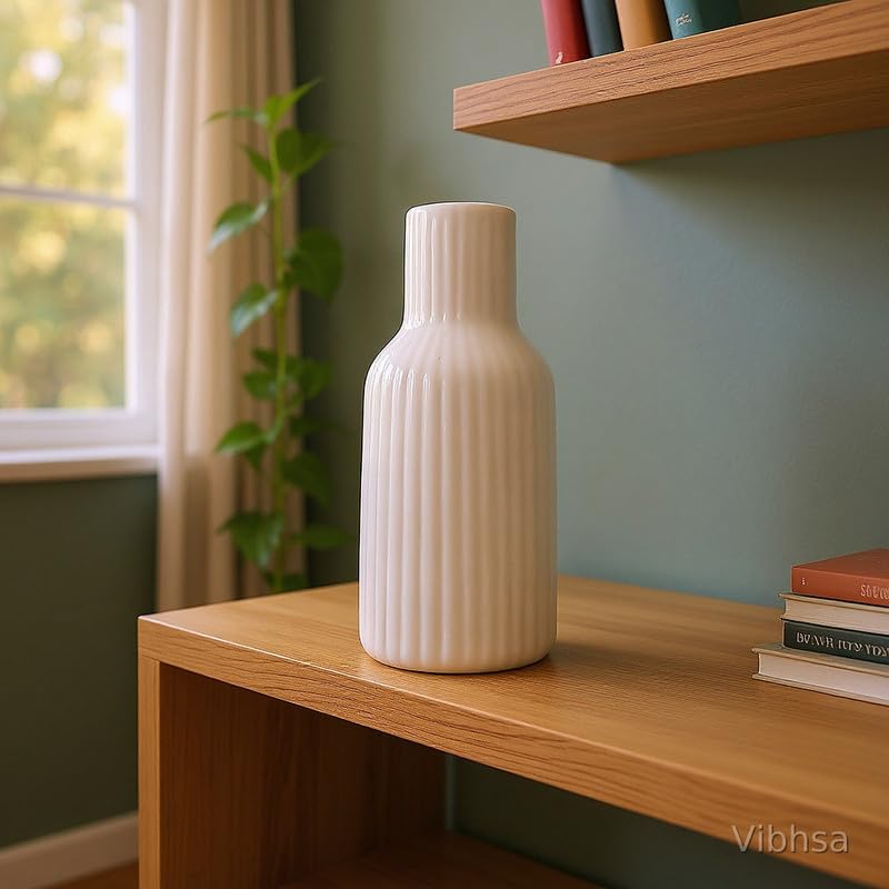 VIBHSA White Ceramic Flower Vase for Home Decor, Elegant Ribbed Decorative Vase for Living Room