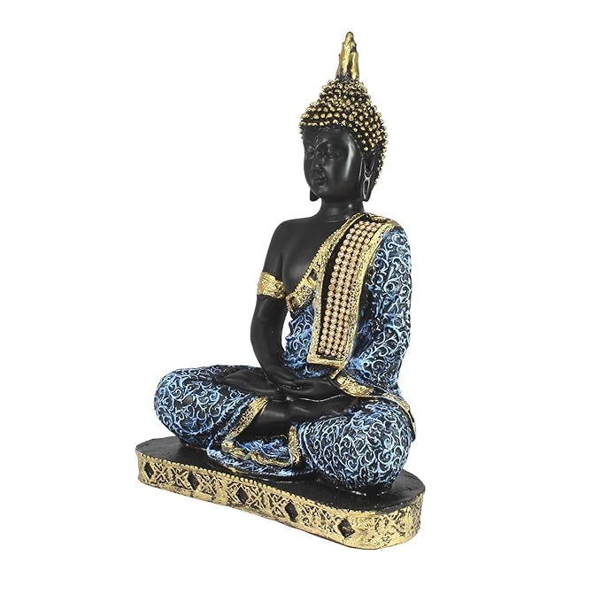 VIBHSA Decorative Buddha Statue, Black and Blue with Gold Accents, Meditation Pose, Home Decor