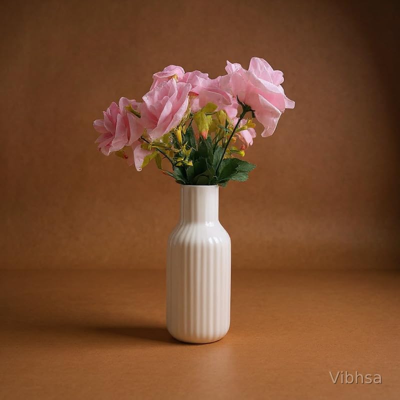 VIBHSA White Ceramic Flower Vase for Home Decor, Elegant Ribbed Decorative Vase for Living Room