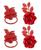 VIBHSA Napkin Holder Table Napkin Rings for Parties Wedding Everyday Dinner Decor Flower Napkin Rings Set of 4 (Red Rose)