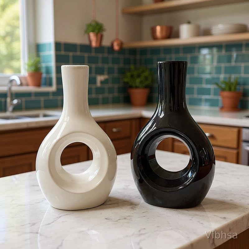 VIBHSA Modern Ceramic Donut Ring Vase, Set of 2, Black & White