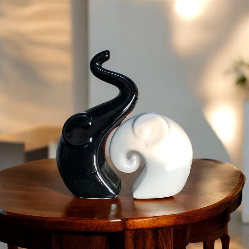 VIBHSA Modern Black & White Elephant Couple Showpiece ? Abstract Love Elephant Statue Set for Home Decor