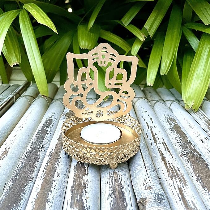 VIBHSA Golden Shadow Metal Tea Light Holder Diya with Tealight (8x8x11 cm)