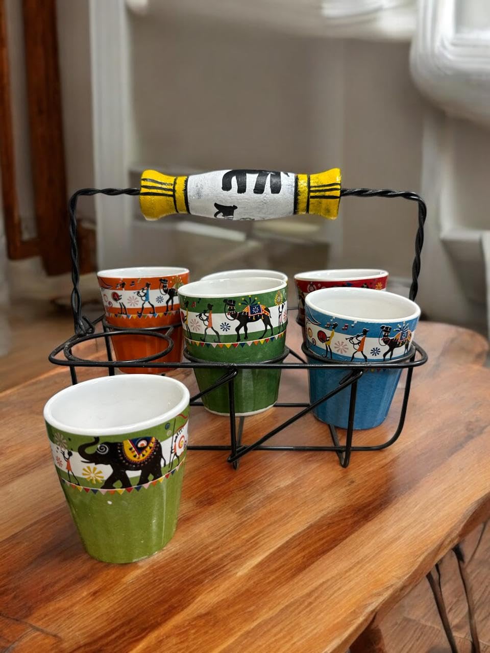 VIBHSA Handpainted Multicolour Tapri Style Ceramic Cutting Chai Glasses with Stand