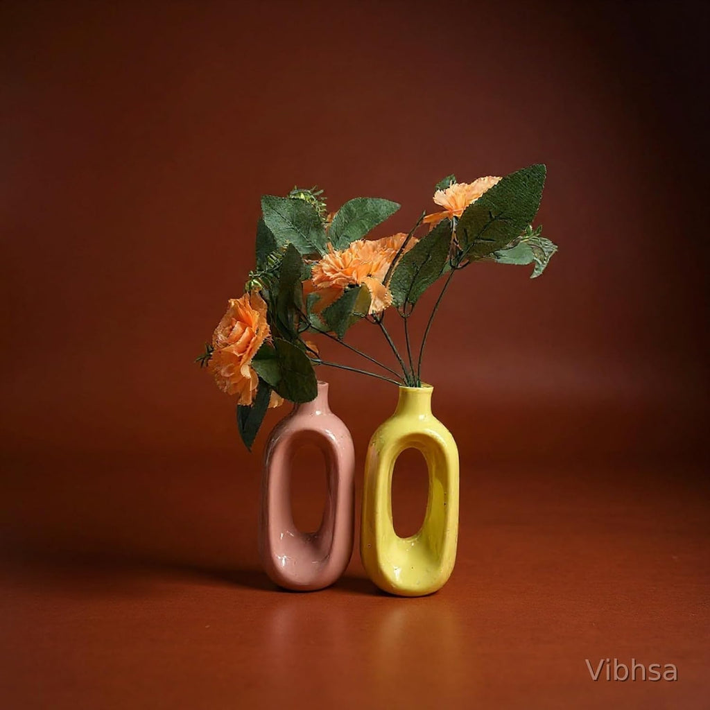 VIBHSA Modern Ceramic Hollow Vase Set of 2 – Pink & Yellow