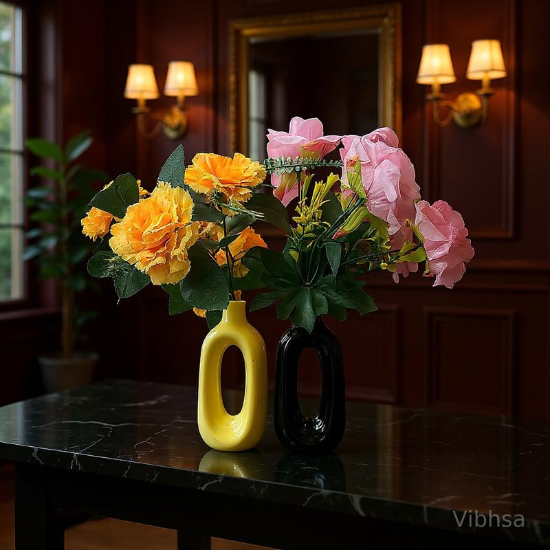 VIBHSA Modern Ceramic Hollow Vase Set of 2 – Yellow & Black